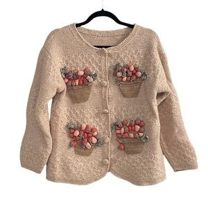 HANDMADE Hand Knit Wool Button Front Cardigan Sweater Strawberries Basket Tan S
